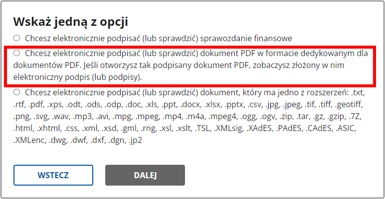 Wybór opcji podpisu