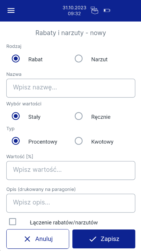Ekran dodawania narzutu/rabatu
