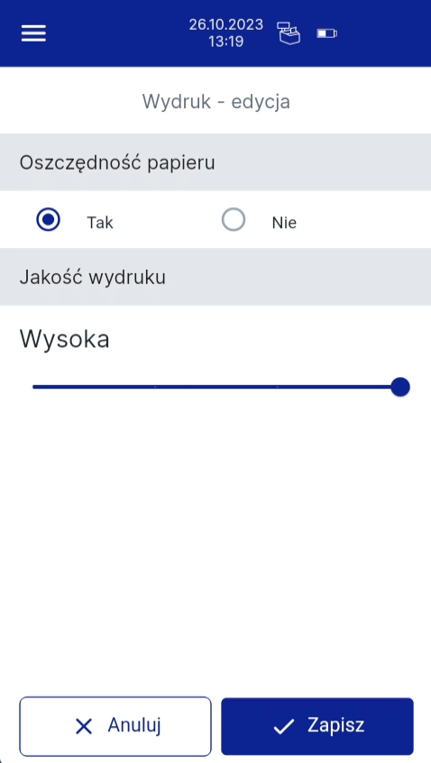 Ekran edycji parametrów wydruku